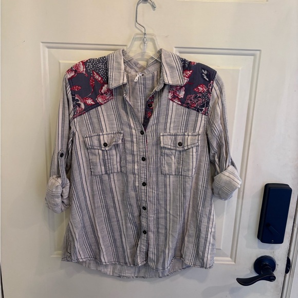 Free People Blue and White Striped Button-Up with Floral Trim oversized fit - Picture 5 of 5